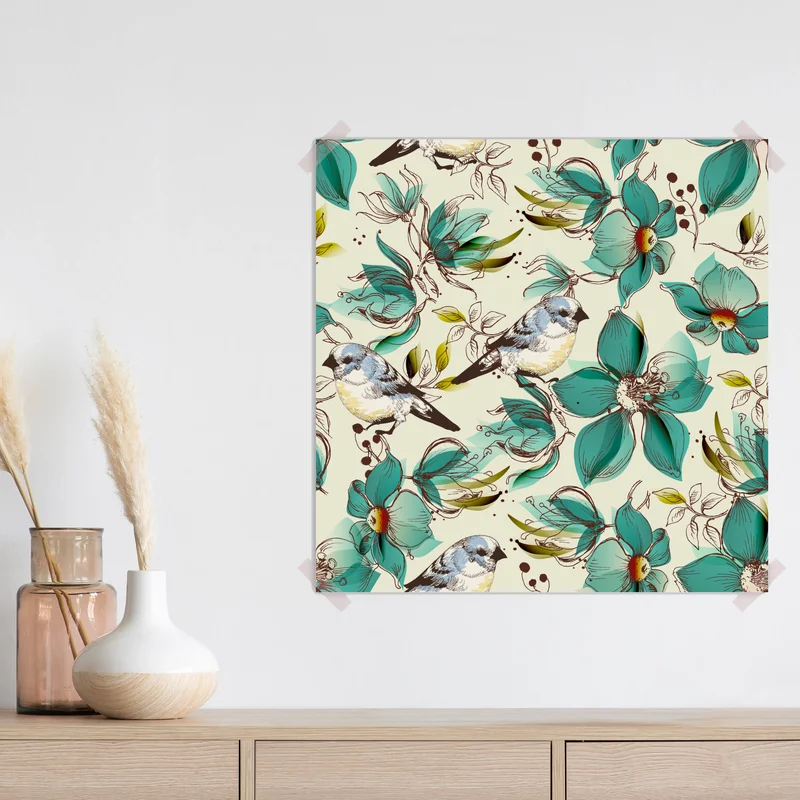 Poster retro türkis blumen- und vogelmuster Poster retro türkis blumen- und vogelmuster
