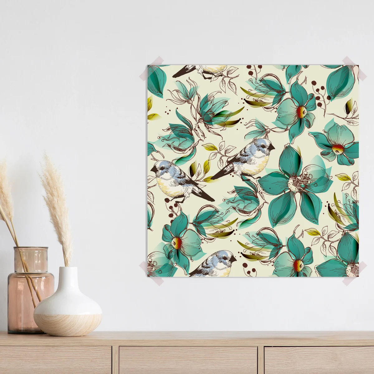 Poster retro türkis blumen- und vogelmuster Poster retro türkis blumen- und vogelmuster