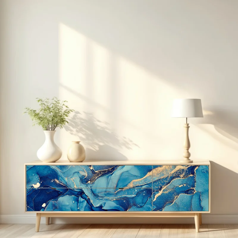 Repositionierbarer Aufkleber ozeanblau und goldene wirbel flüssige abstraktion