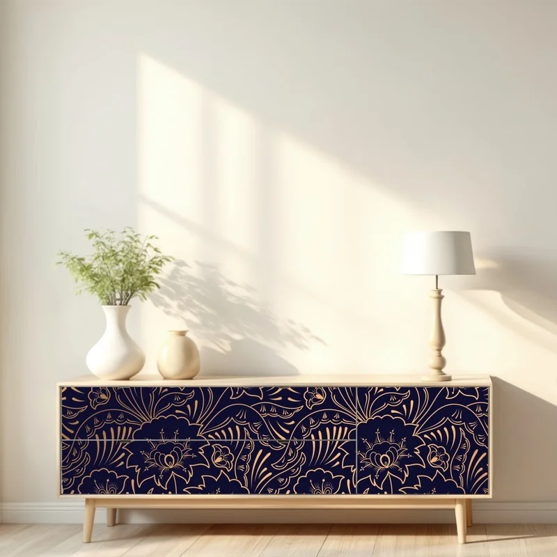 Repositionierbarer Aufkleber goldenes blumenornament auf nachtblauem hintergrund