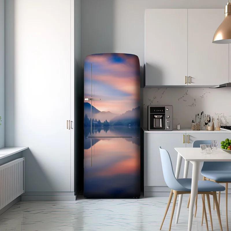Kühlschrankaufkleber nebeliger bergsee bei dämmerung Kühlschrankaufkleber nebeliger bergsee bei dämmerung