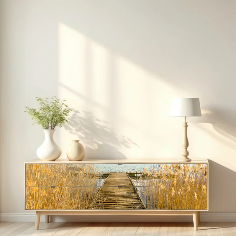 Repositionierbarer Aufkleber hölzerner steg zum ruhigen see Repositionierbarer Aufkleber hölzerner steg zum ruhigen see