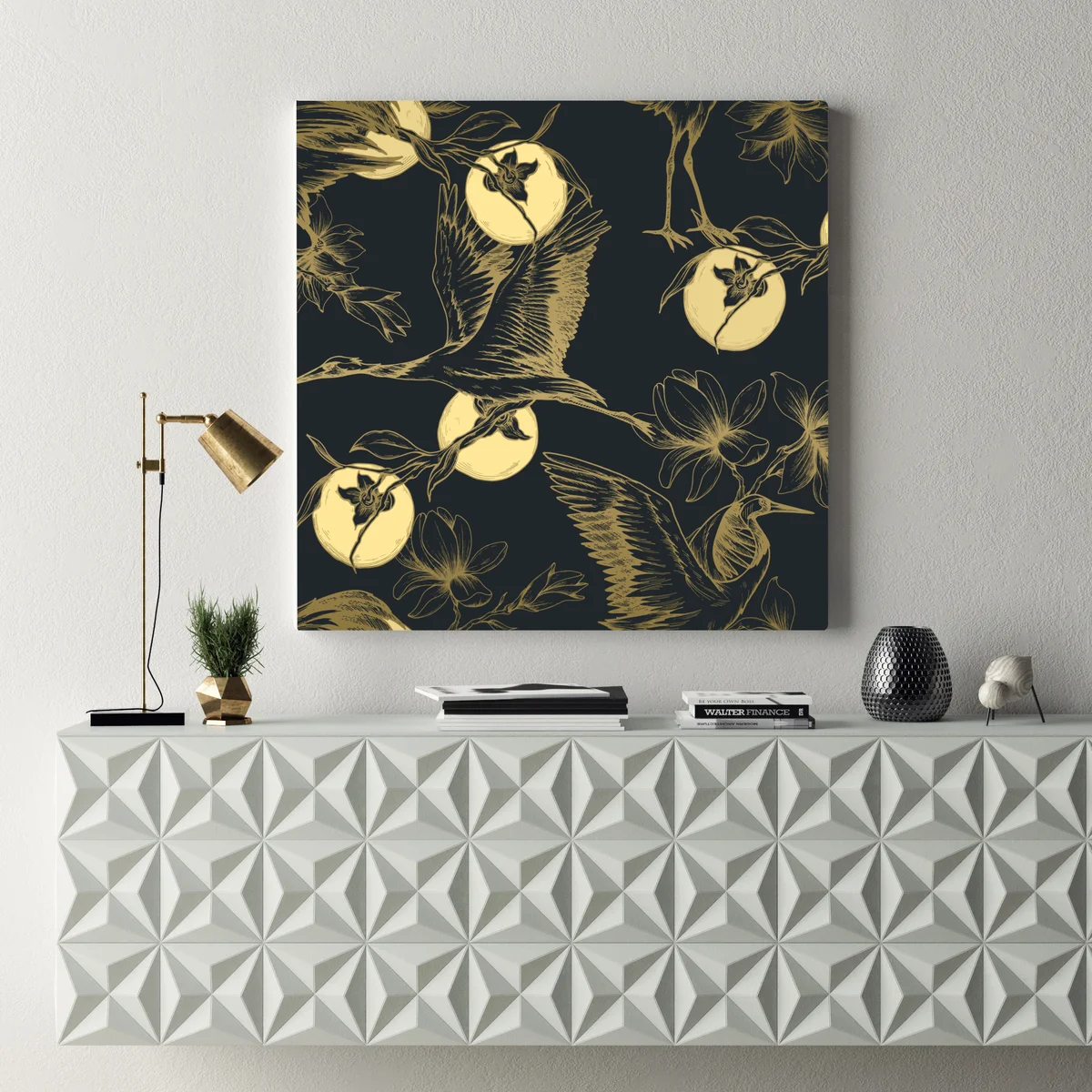 Leinwandbild goldene kraniche und mondmuster Leinwandbild goldene kraniche und mondmuster