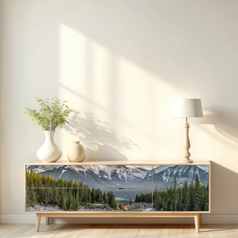 Repositionierbarer Aufkleber majestätische berggipfel und kiefernwald