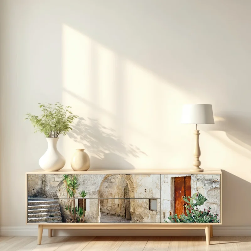 Repositionierbarer Aufkleber mediterraner steinhof mit bogen Repositionierbarer Aufkleber mediterraner steinhof mit bogen