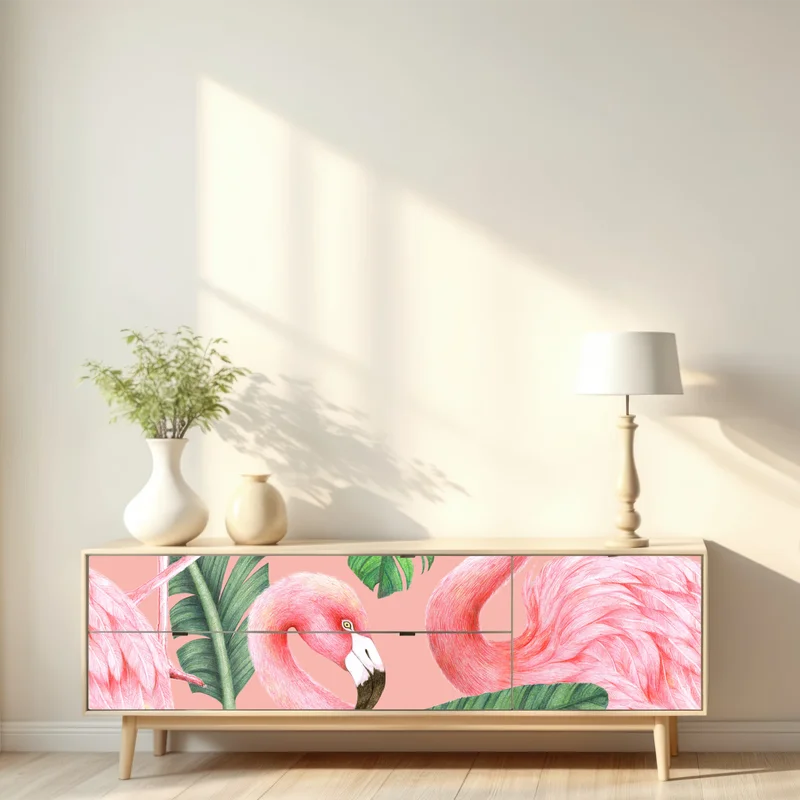 Repositionierbarer Aufkleber rosa flamingo muster mit tropischen blättern