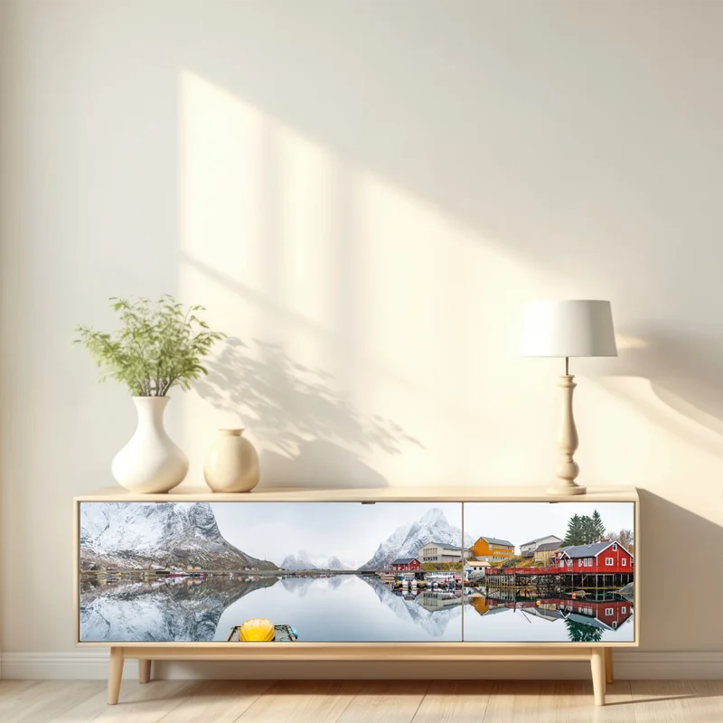 Repositionierbarer Aufkleber spiegelglatter fjord mit bergkulisse