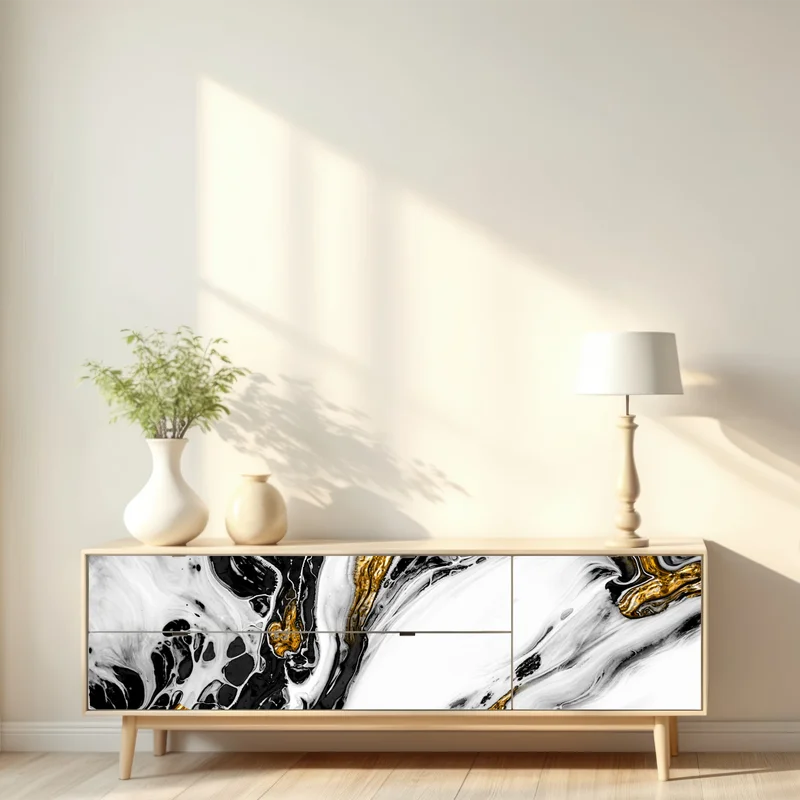 Repositionierbarer Aufkleber schwarz-weiße abstraktion mit goldenen adern