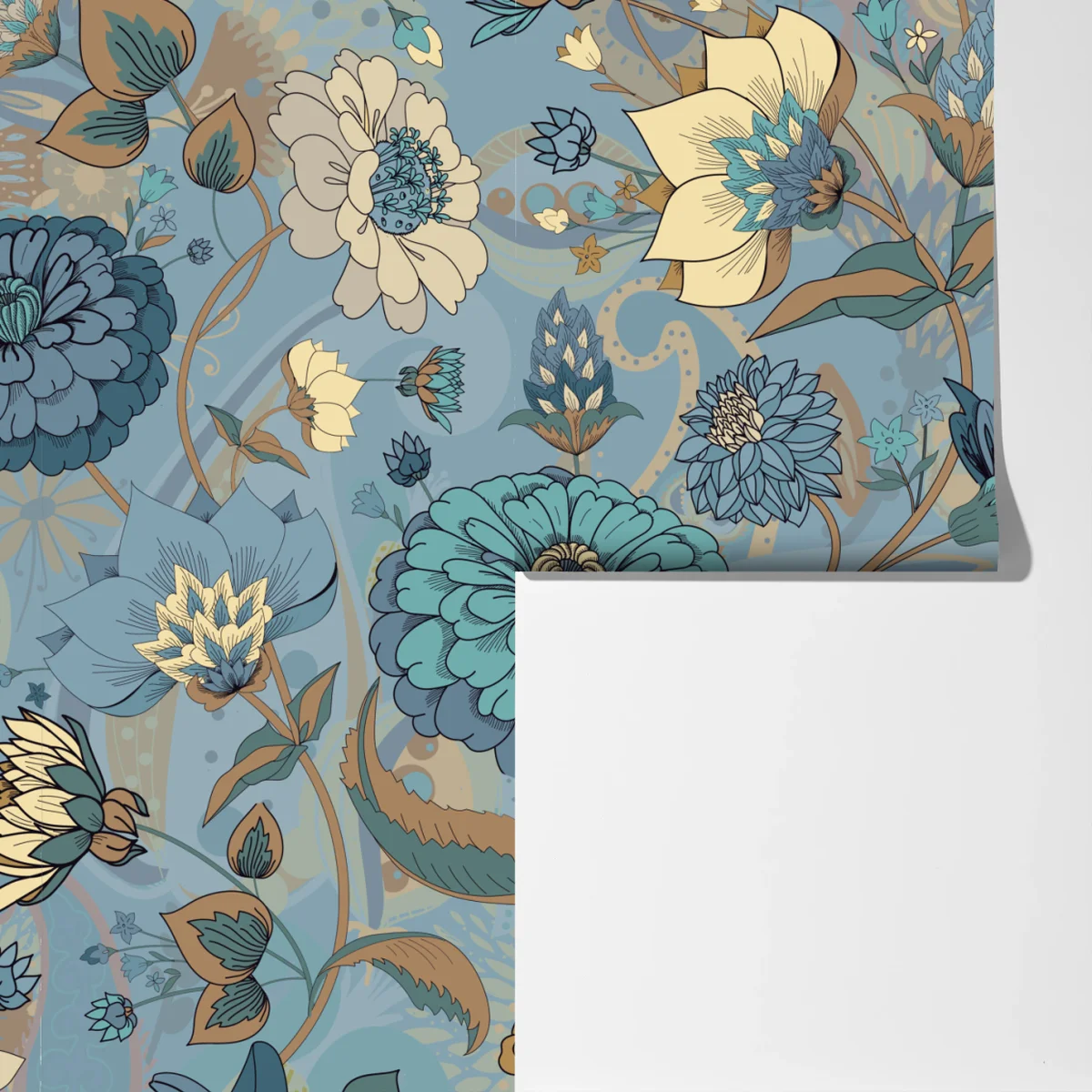 Fototapete vintage-blumenmuster in gedämpften blau- und beigetönen Fototapete vintage-blumenmuster in gedämpften blau- und beigetönen