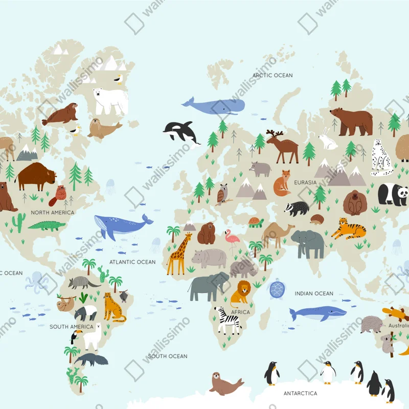 Fototapeta mapa świata ze zwierzętami dla dzieci Fototapeta mapa świata ze zwierzętami dla dzieci