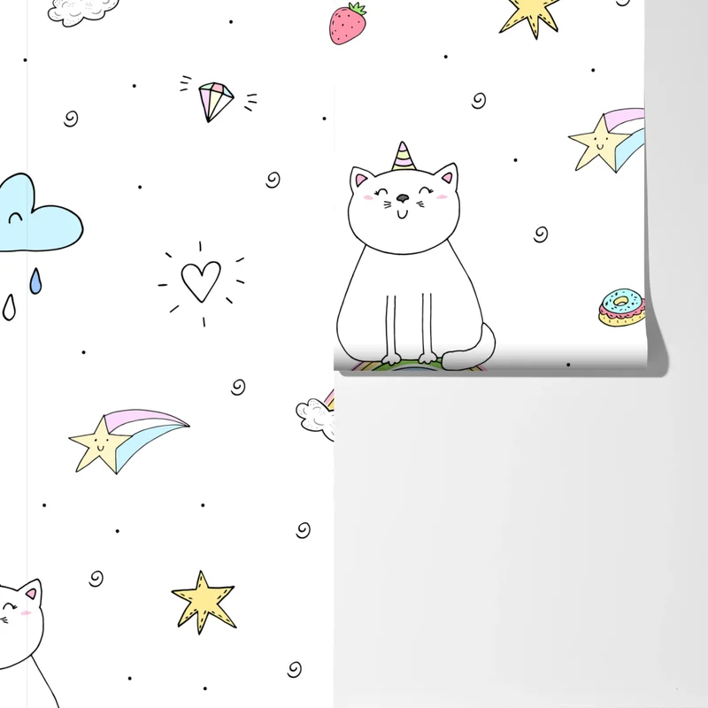 Fototapete pastell-einhornkatze auf dem regenbogen Fototapete pastell-einhornkatze auf dem regenbogen