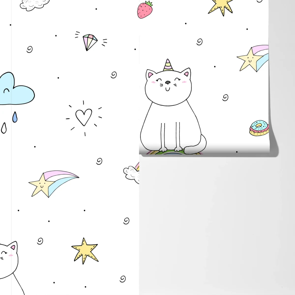 Fototapete pastell-einhornkatze auf dem regenbogen Fototapete pastell-einhornkatze auf dem regenbogen