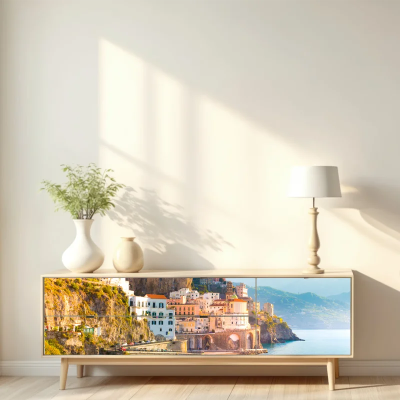 Repositionierbarer Aufkleber sonniges küstendorf am klippenrand