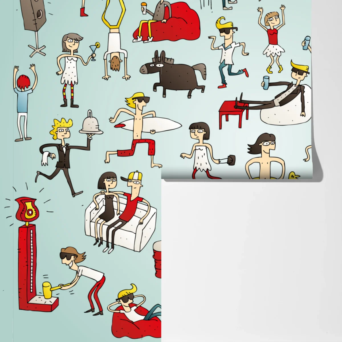 Fototapeta zabawna scena z postaciami na turkusowym tle Fototapeta zabawna scena z postaciami na turkusowym tle