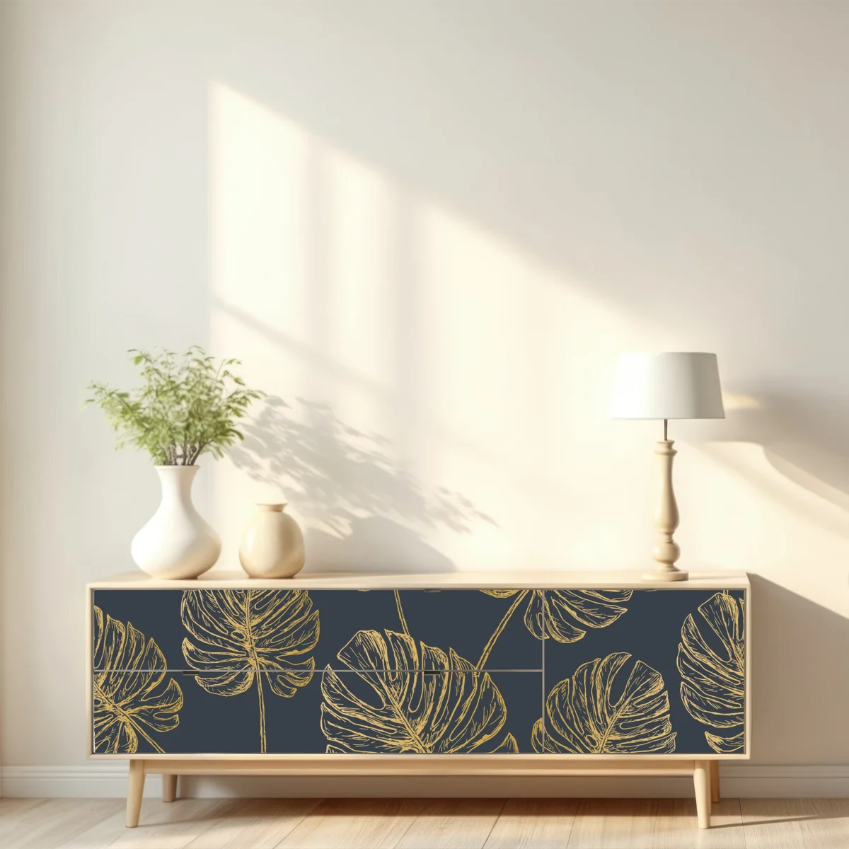 Repositionierbarer Aufkleber goldene monstera-blätter auf dunklem hintergrund Repositionierbarer Aufkleber goldene monstera-blätter auf dunklem hintergrund