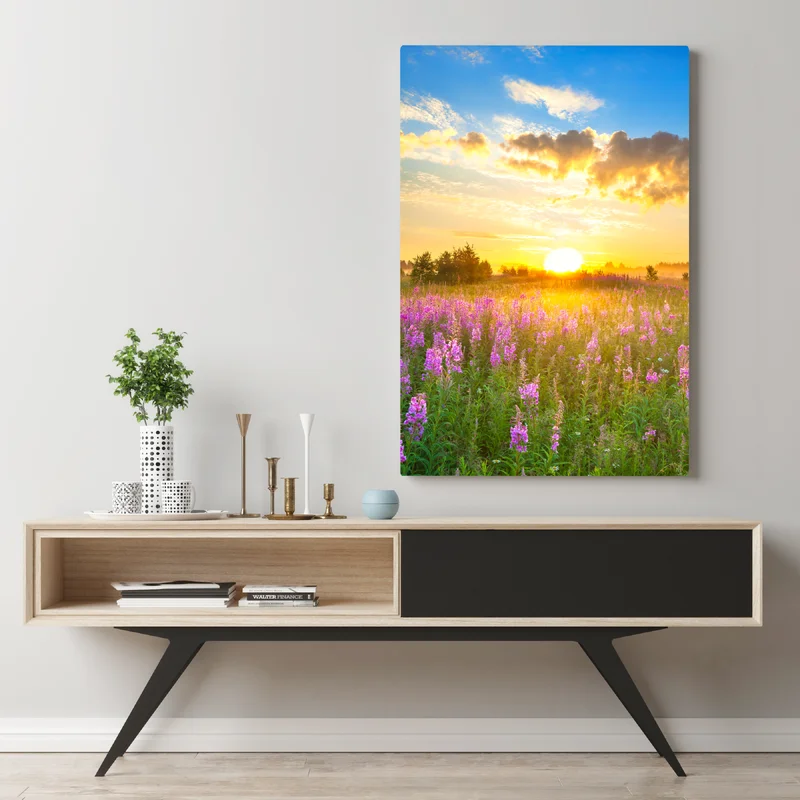 Leinwandbild sonnenaufgang über violetter wildblumenwiese Leinwandbild sonnenaufgang über violetter wildblumenwiese