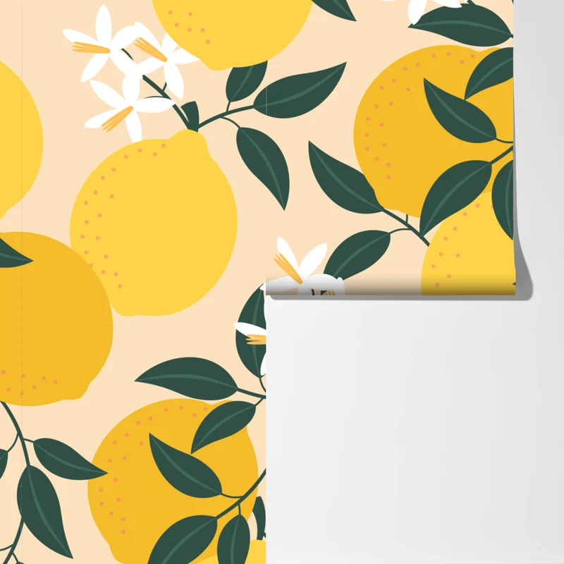 Fototapete leuchtendes zitronenmuster mit blüten Fototapete leuchtendes zitronenmuster mit blüten