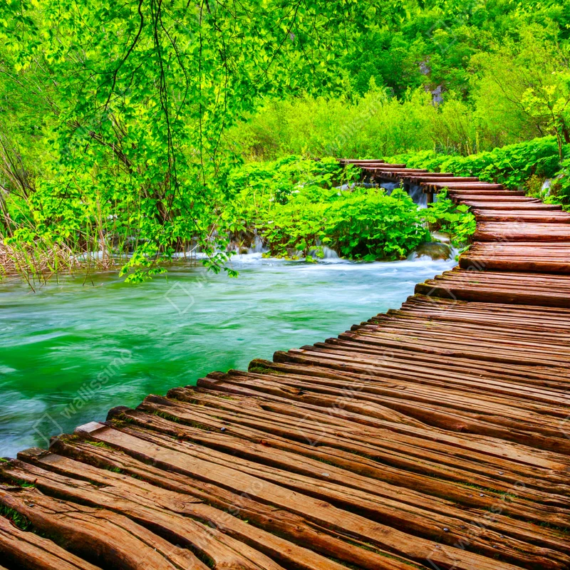 Repositionierbarer Aufkleber ruhiger grüner steg über dem fluss Repositionierbarer Aufkleber ruhiger grüner steg über dem fluss