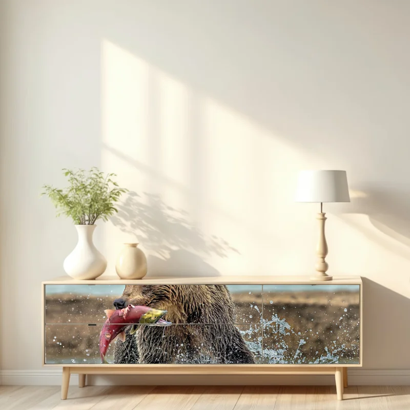 Repositionierbarer Aufkleber braunbär fängt lachs im fluss