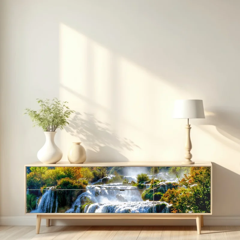 Repositionierbarer Aufkleber stufenförmiger wasserfall im üppigen wald Repositionierbarer Aufkleber stufenförmiger wasserfall im üppigen wald