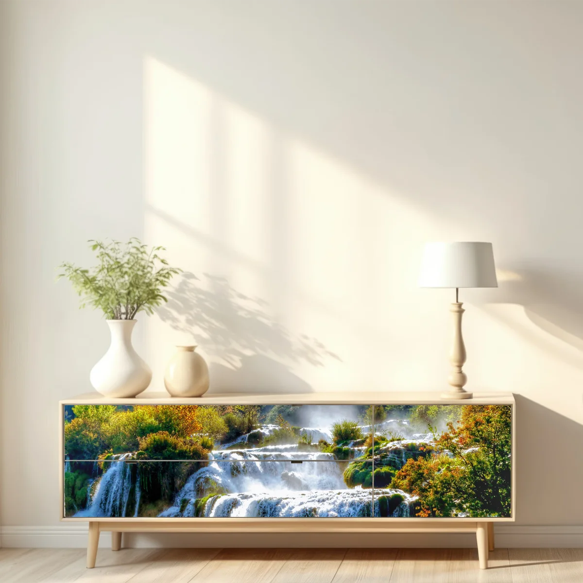 Repositionierbarer Aufkleber stufenförmiger wasserfall im üppigen wald Repositionierbarer Aufkleber stufenförmiger wasserfall im üppigen wald
