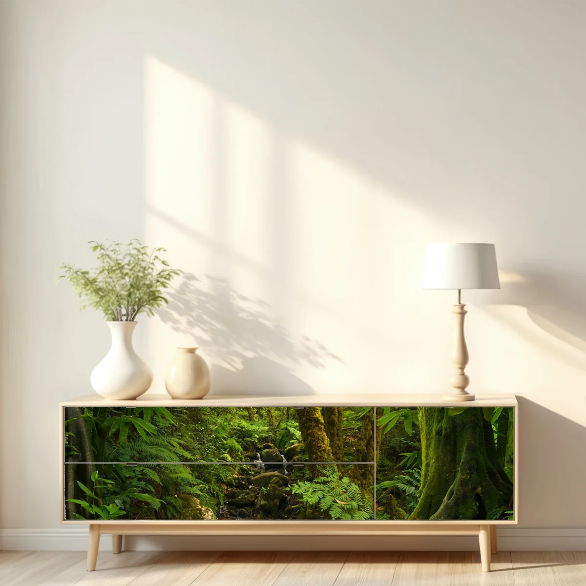 Repositionierbarer Aufkleber moosiger waldbach im sonnenlicht Repositionierbarer Aufkleber moosiger waldbach im sonnenlicht