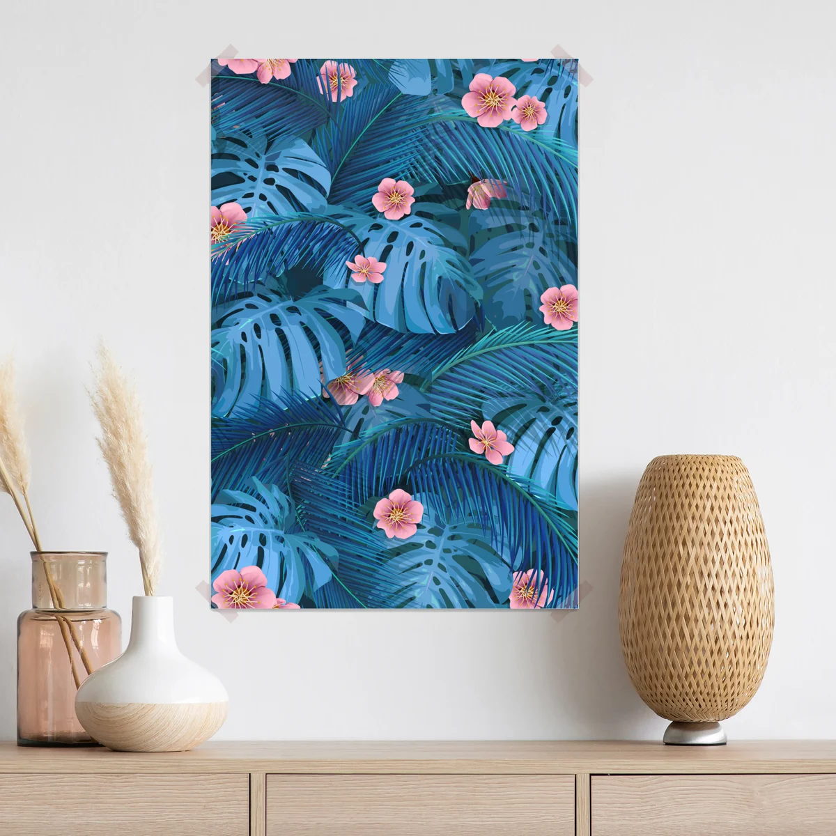 Poster türkisfarbene tropische monstera-blätter mit rosa blüten • Poster bei Wallnifity® Poster türkisfarbene tropische monstera-blätter mit rosa blüten • Poster bei Wallnifity®