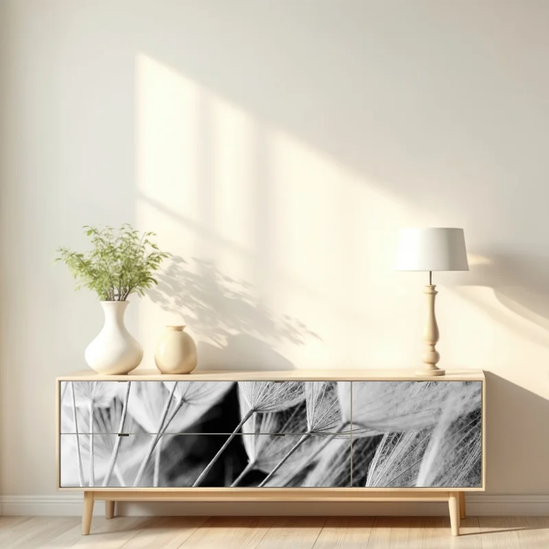 Repositionierbarer Aufkleber zarte nahaufnahme von löwenzahnsamen in monochrom