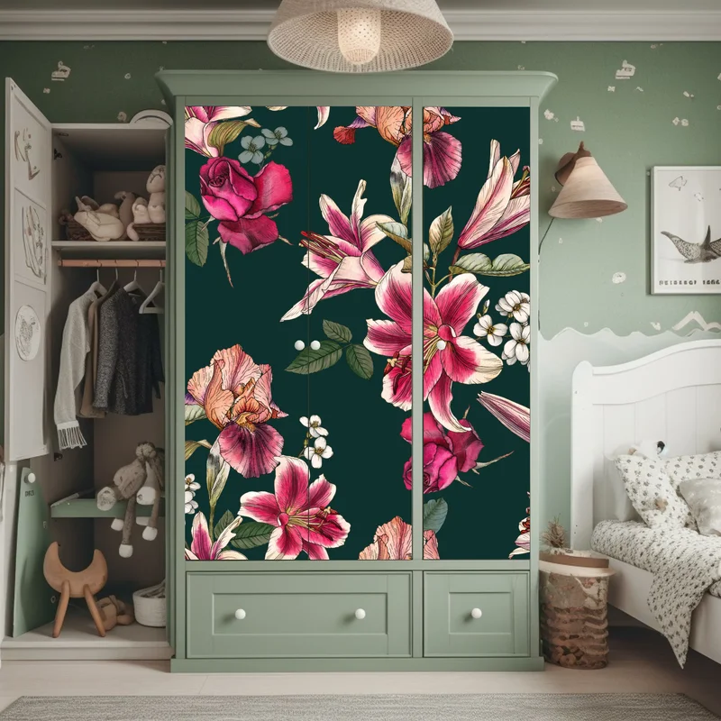 Schrankaufkleber vintage botanisches floralmuster auf tiefgrün