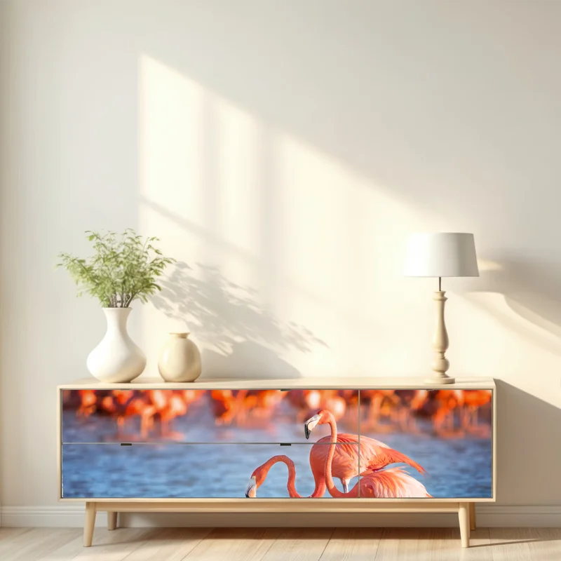 Repositionierbarer Aufkleber anmutige flamingos im flachen wasser