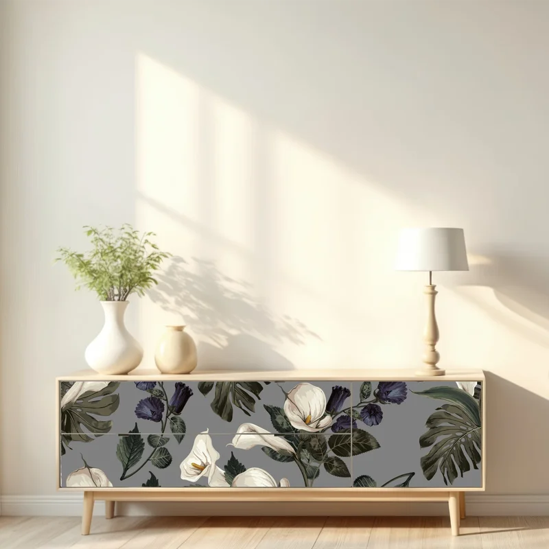 Repositionierbarer Aufkleber vintage calla blumenmuster auf grauem hintergrund