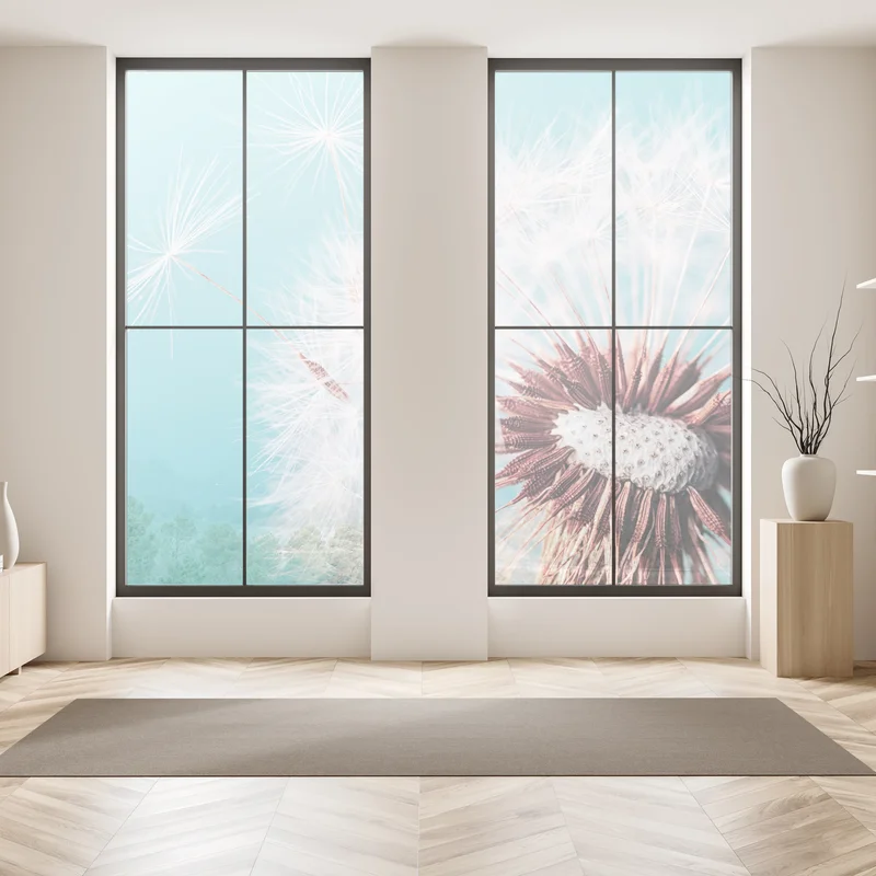 Fensteraufkleber zarter löwenzahn vor türkisfarbenem hintergrund