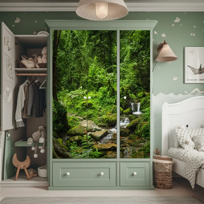 Schrankaufkleber üppiger grüner waldwasserfall Schrankaufkleber üppiger grüner waldwasserfall