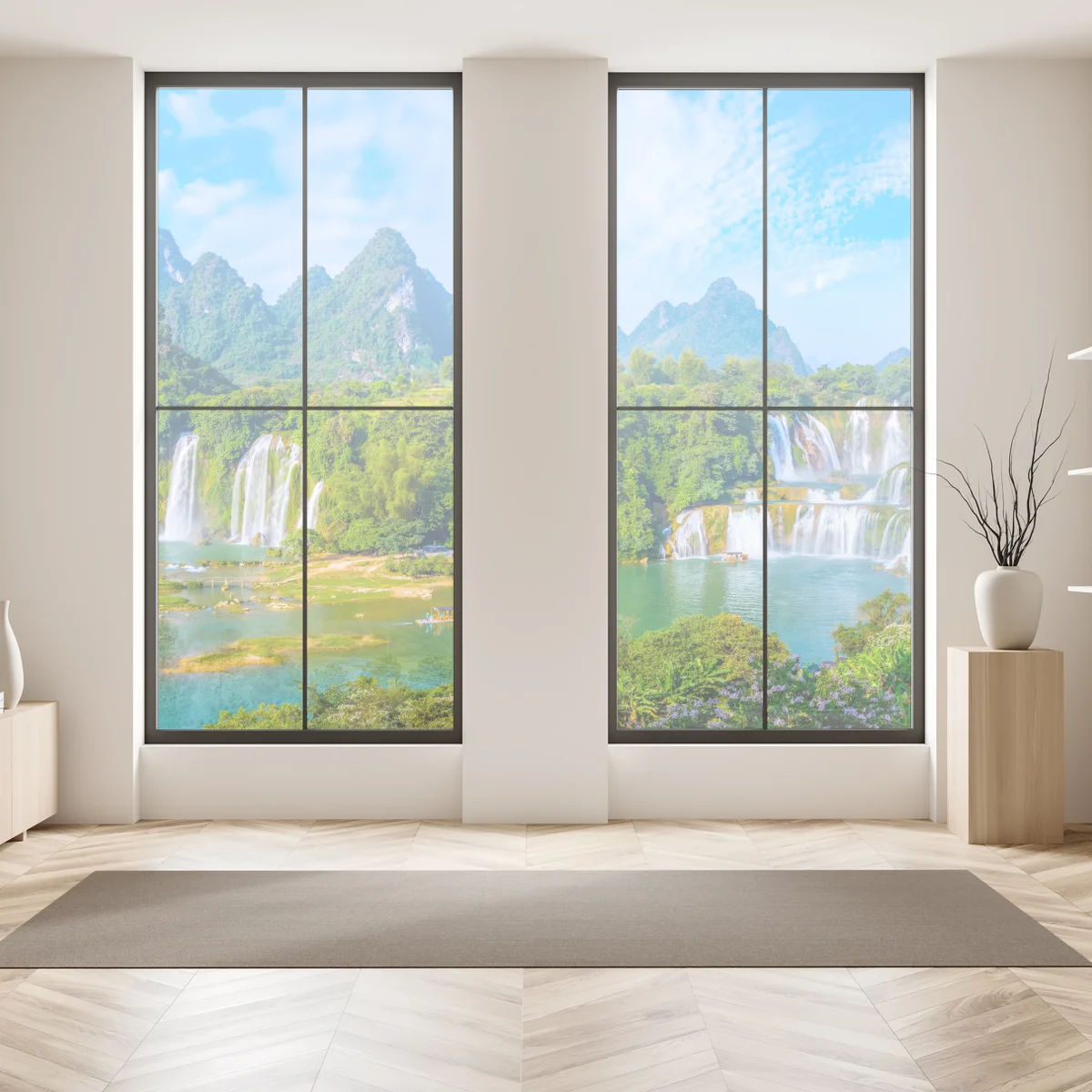 Fensteraufkleber üppige panoramaansicht eines wasserfalls mit karstbergen Fensteraufkleber üppige panoramaansicht eines wasserfalls mit karstbergen