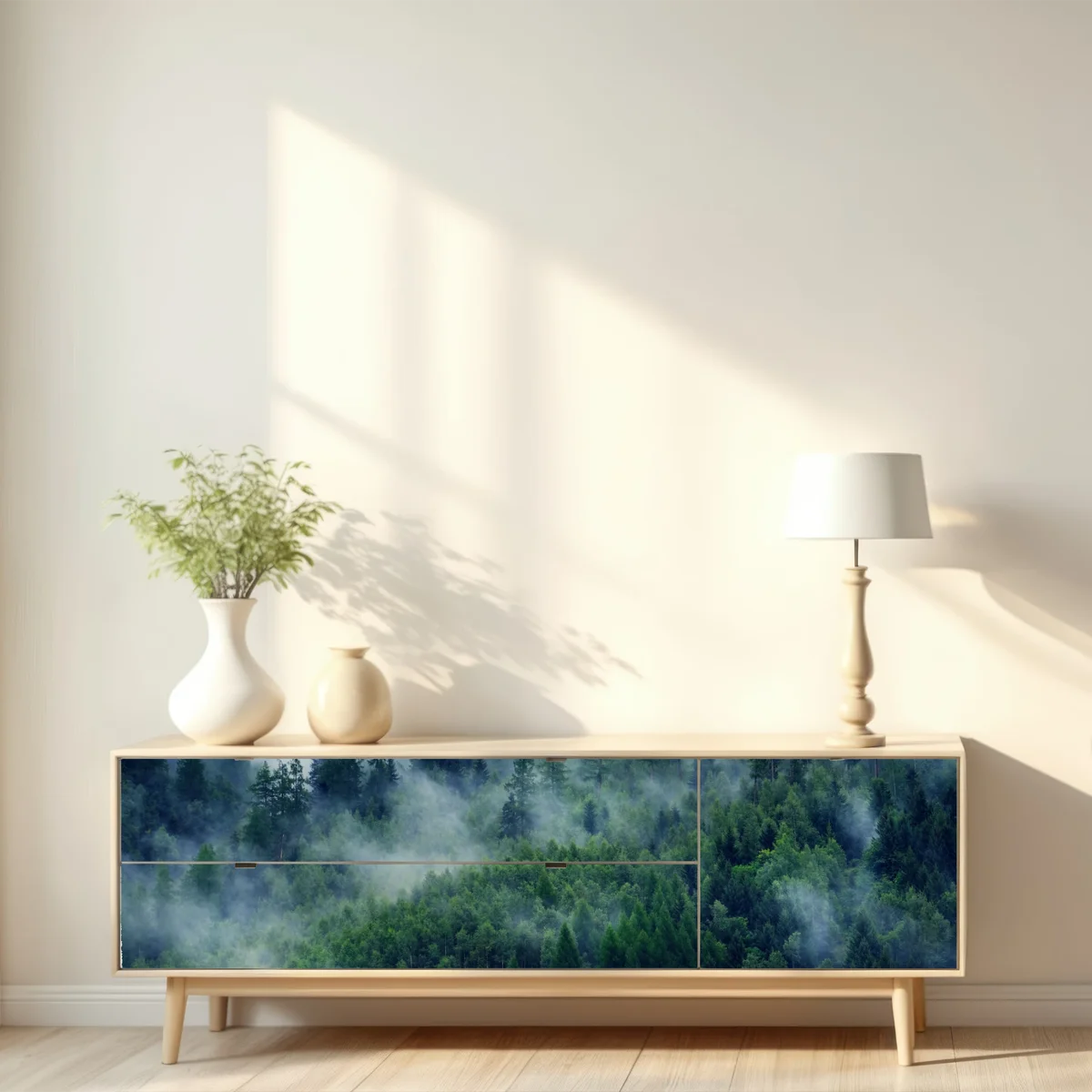 Repositionierbarer Aufkleber nebliger grüner wald Repositionierbarer Aufkleber nebliger grüner wald