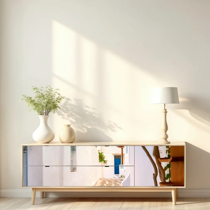 Repositionierbarer Aufkleber sonnige gasse in Griechenland mit bougainvillea