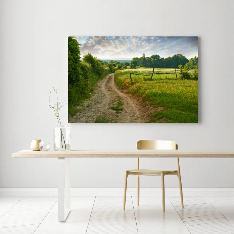 Leinwandbild sonniger landweg durch grüne wiesen Leinwandbild sonniger landweg durch grüne wiesen