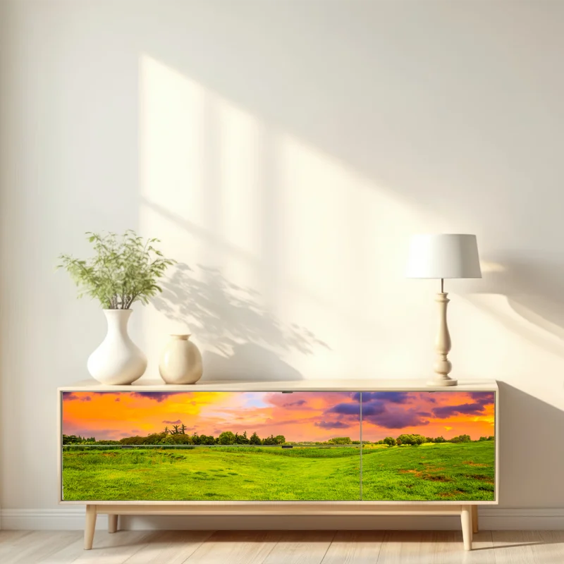 Repositionierbarer Aufkleber sonnenuntergang über grüner wiese Repositionierbarer Aufkleber sonnenuntergang über grüner wiese