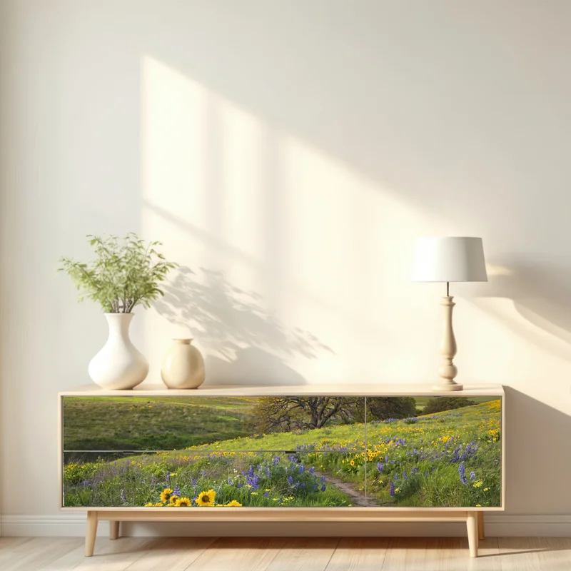 Repositionierbarer Aufkleber pfad durch blumenwiese mit eichenbaum