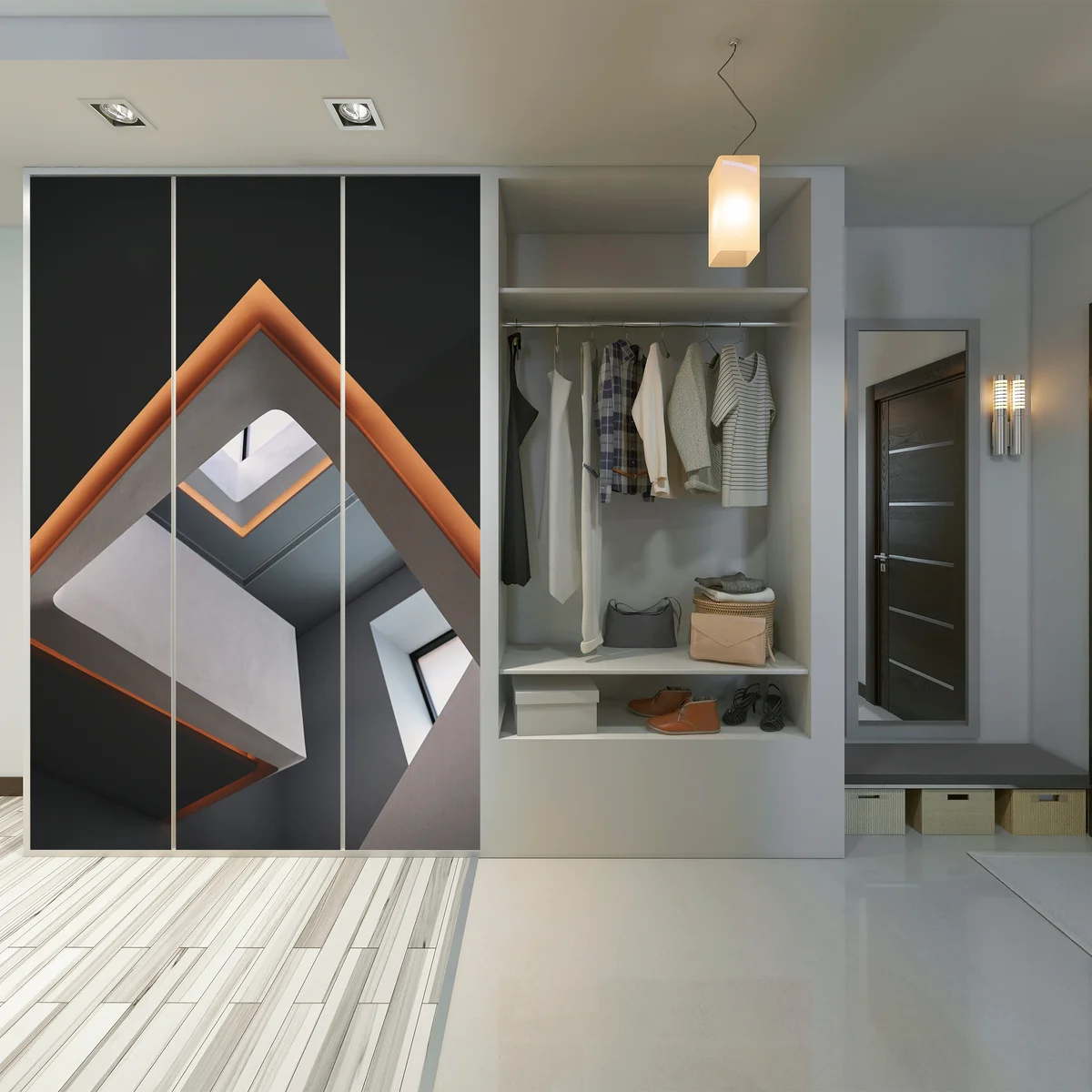 Schrankaufkleber minimalistisches geometrisches interieur mit oberlicht Schrankaufkleber minimalistisches geometrisches interieur mit oberlicht