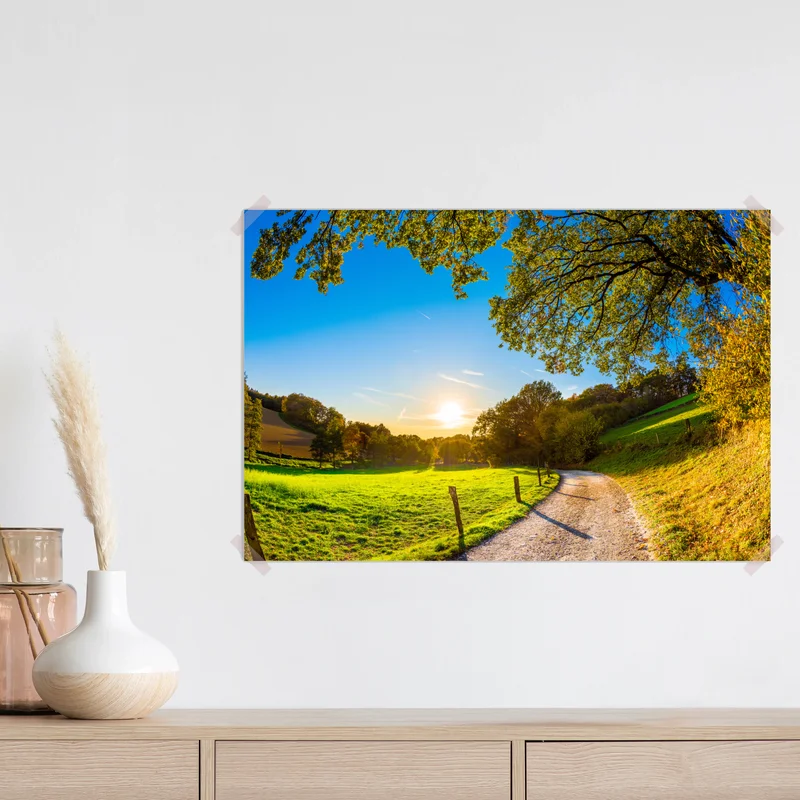 Poster sonnenbeschienene wiese mit landweg bei sonnenuntergang Poster sonnenbeschienene wiese mit landweg bei sonnenuntergang