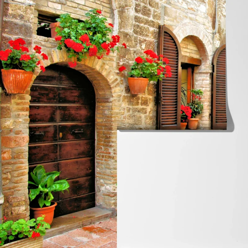 Fototapeta słoneczna kamienna uliczka z czerwonymi pelargoniami Fototapeta słoneczna kamienna uliczka z czerwonymi pelargoniami