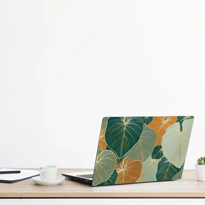 Laptop-Aufkleber türkis-goldenes botanisches blättermuster