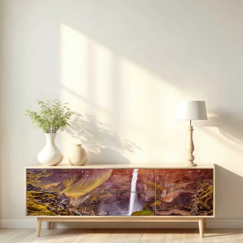 Repositionierbarer Aufkleber Haifoss wasserfall bei sonnenuntergang