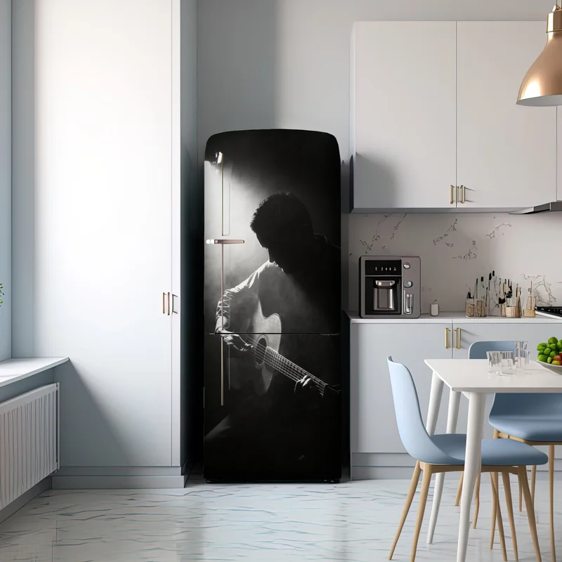 Kühlschrankaufkleber silhouette eines gitaristen im scheinwerferlicht