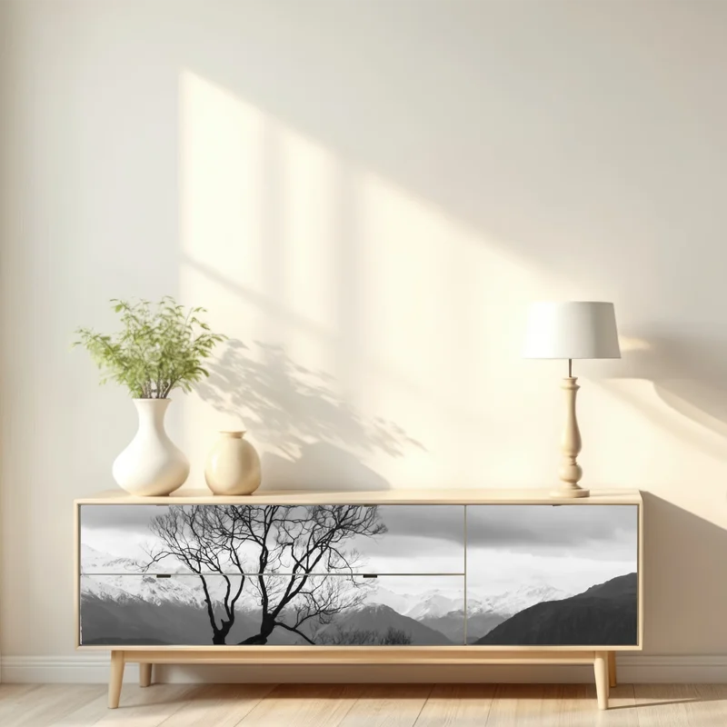 Repositionierbarer Aufkleber einsamer baum im see in schwarzweiß Repositionierbarer Aufkleber einsamer baum im see in schwarzweiß