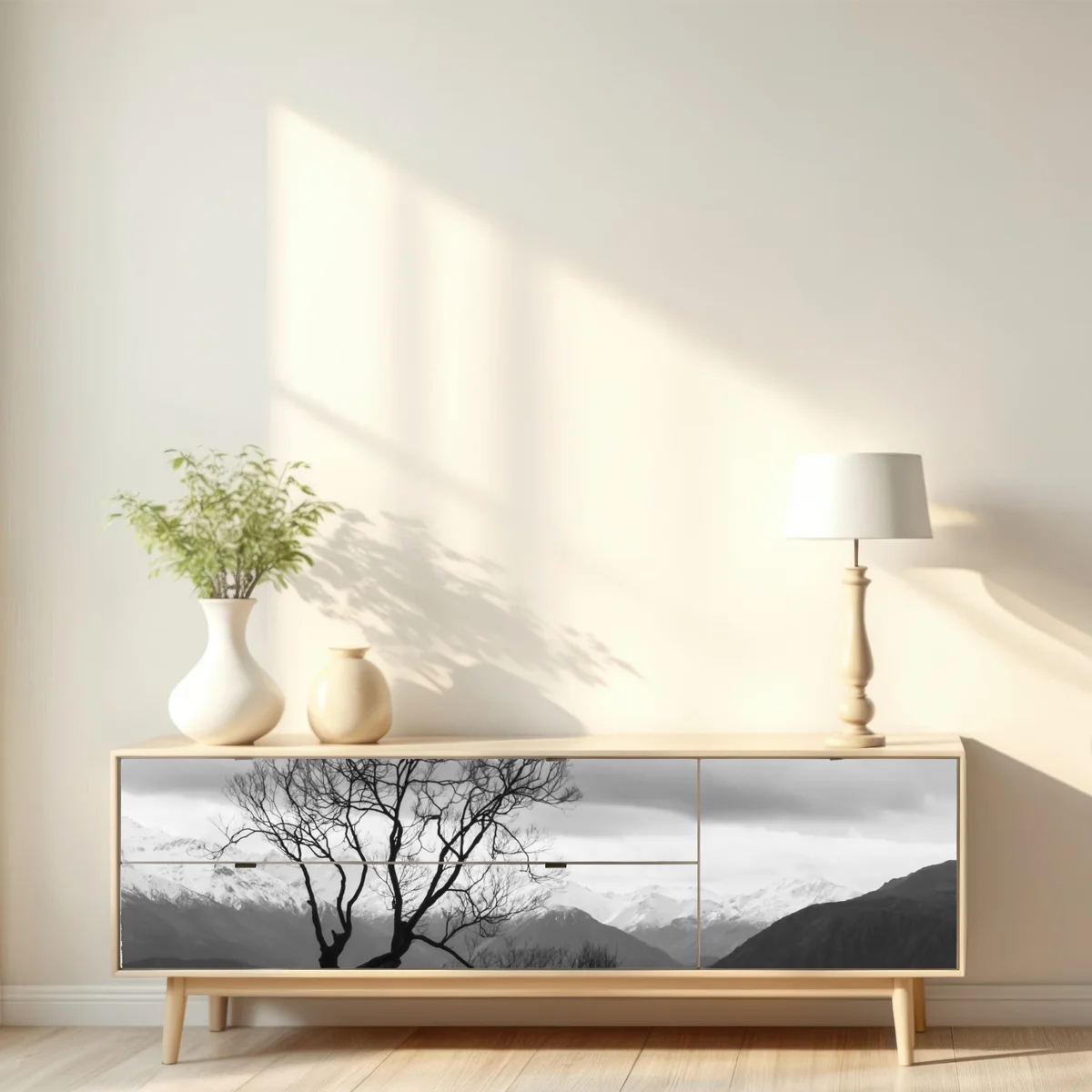 Repositionierbarer Aufkleber einsamer baum im see in schwarzweiß Repositionierbarer Aufkleber einsamer baum im see in schwarzweiß