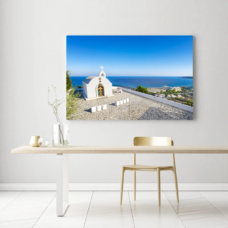 Leinwandbild weiße kapelle mit meerblick in Faliraki Leinwandbild weiße kapelle mit meerblick in Faliraki