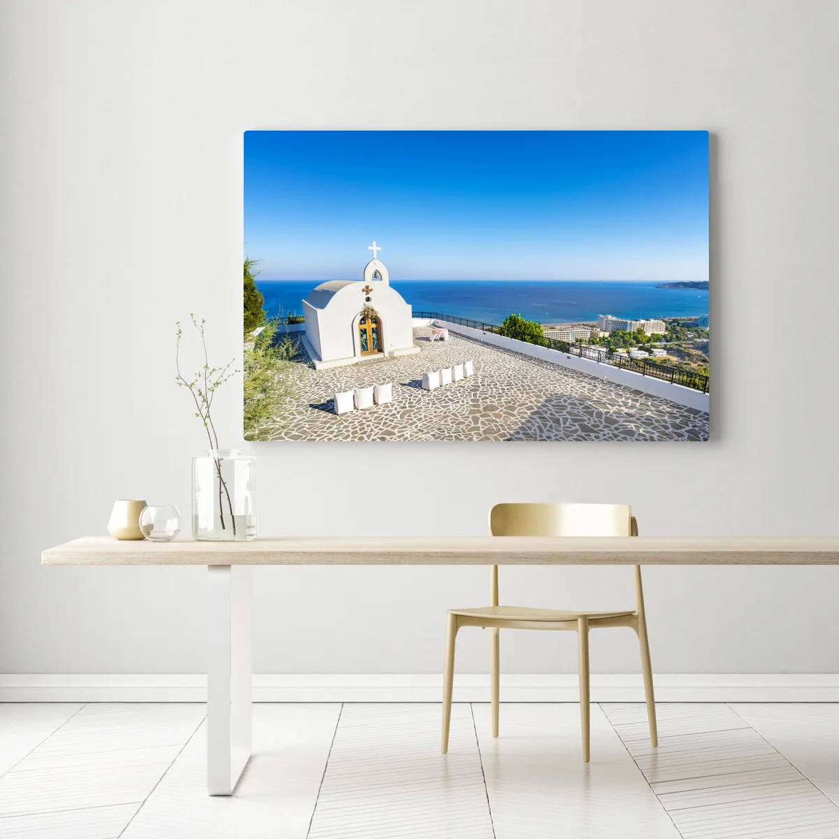 Leinwandbild weiße kapelle mit meerblick in Faliraki Leinwandbild weiße kapelle mit meerblick in Faliraki