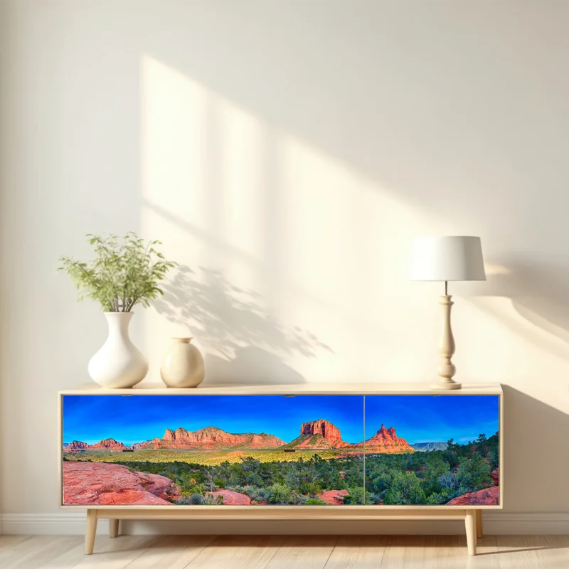 Repositionierbarer Aufkleber panoramablick auf Bell Rock und Courthouse Butte, Sedona